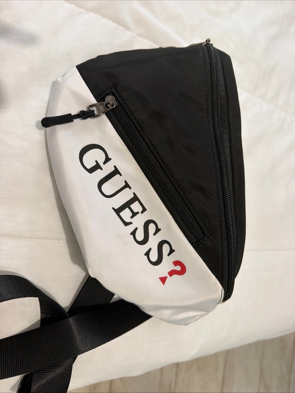 GUESS Black & White Belt Bag with Red Accent